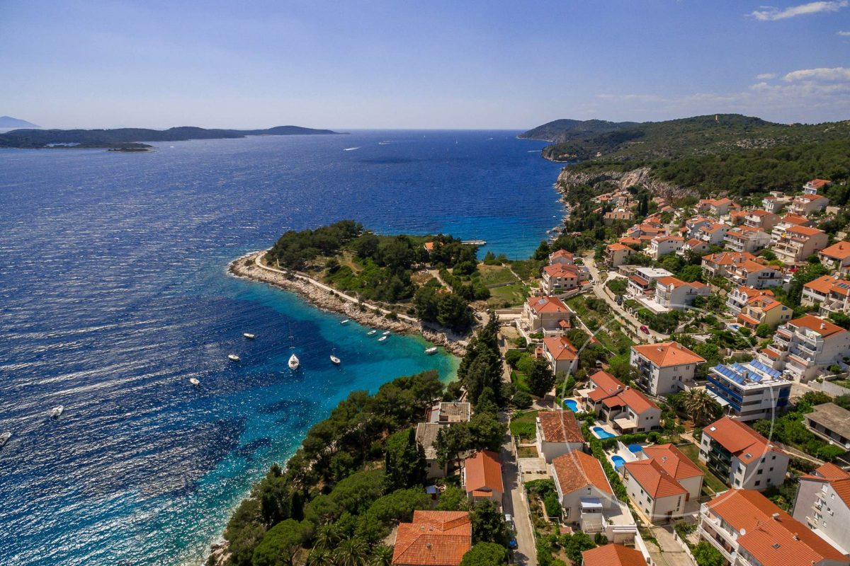 Drone view at Villa Liza and beautiful front bay in Hvar