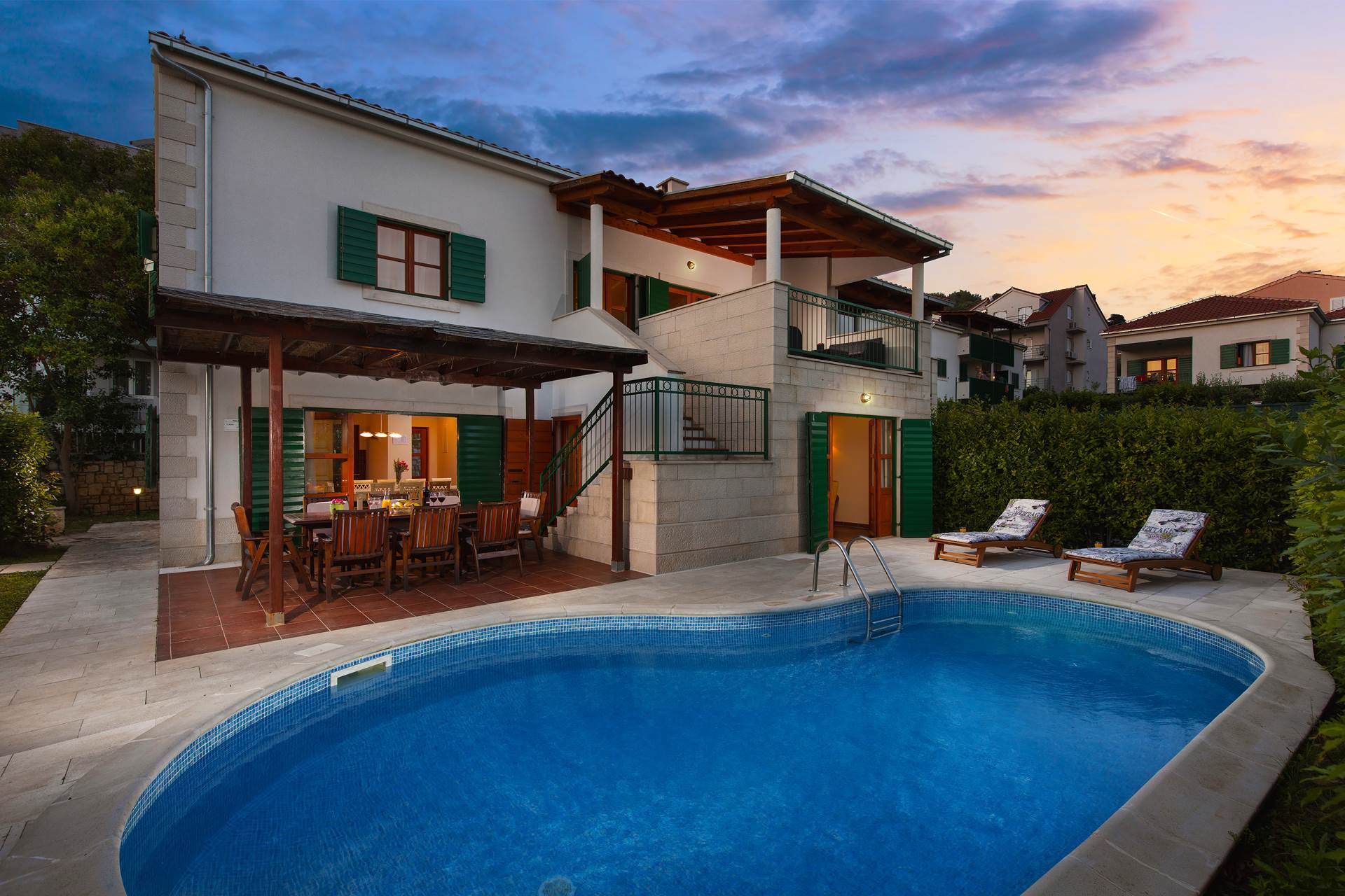 Villa Liza with pool at dusk